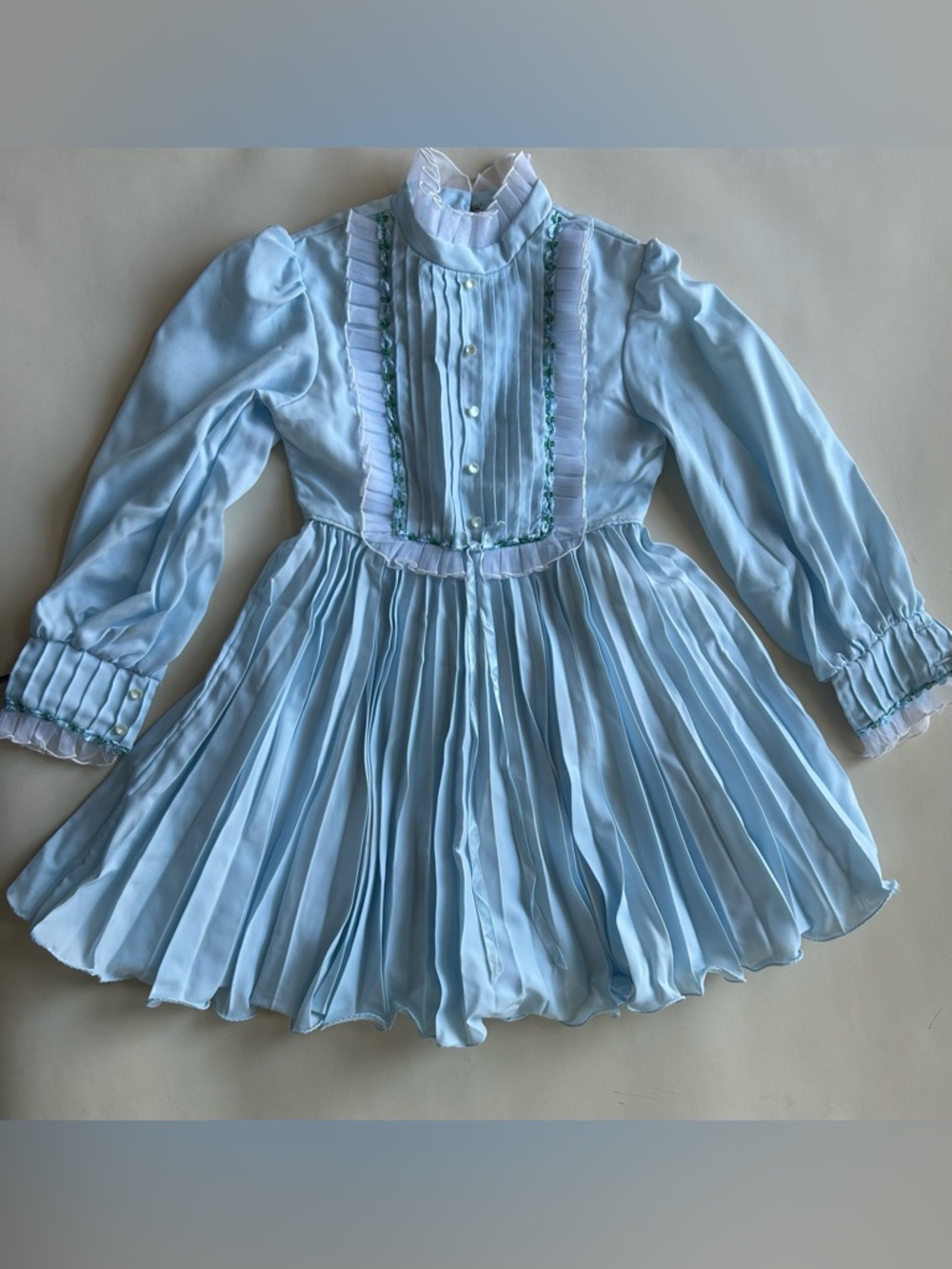 DORISSA Light Blue Girls' Formal Pleated Dress with Ruffled Collar vintage